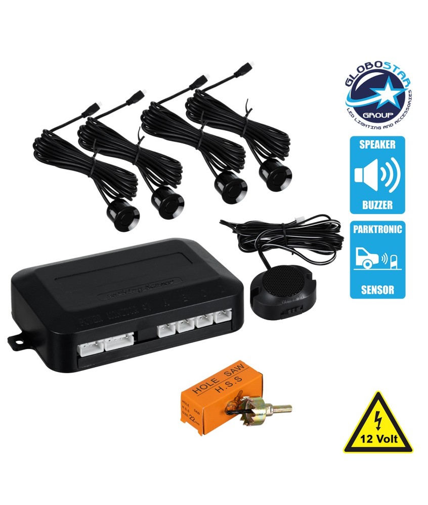 GloboStar® 86000 Σύστημα Παρκαρίσματος Parktronic DC 12V με 4 Μαύρους Αισθητήρες και Ηχείο (Buzzer)